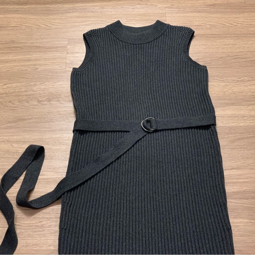 NEW AllSaints East Knit Cotton Ribbed Belted Midi Dress Gray Charcoal Size M - Picture 4 of 14